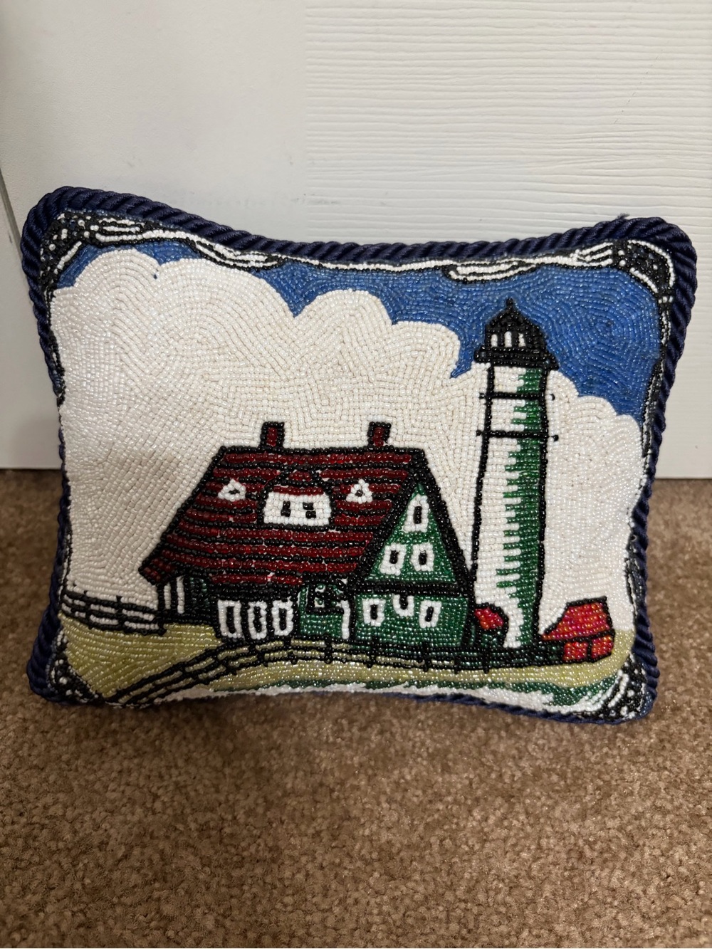 Hand-Beaded Lighthouse Scene Accent Pillow - Navy, Red, Green